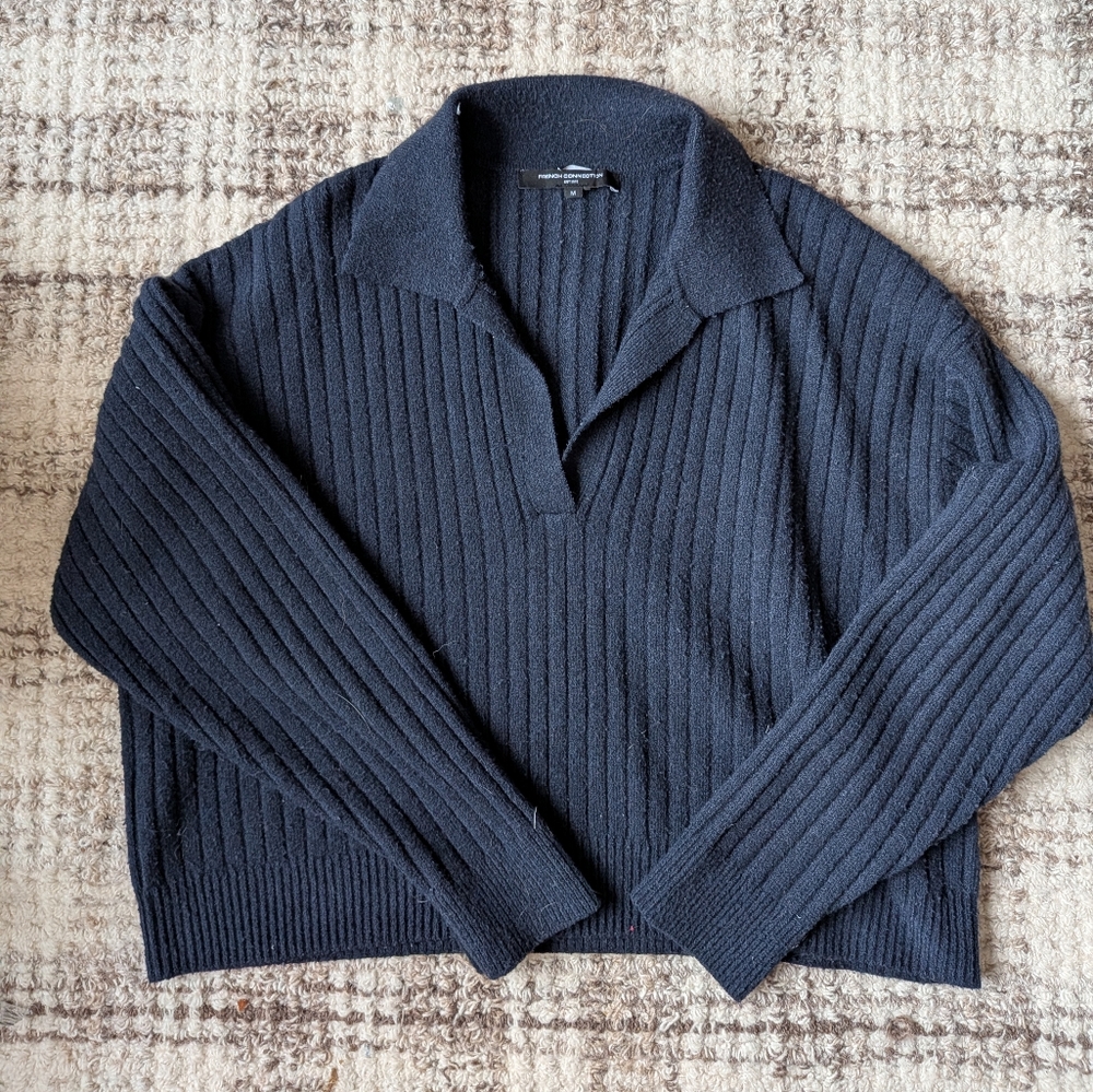 French Connection Vhari Black Ribbed V-Neck Sweater